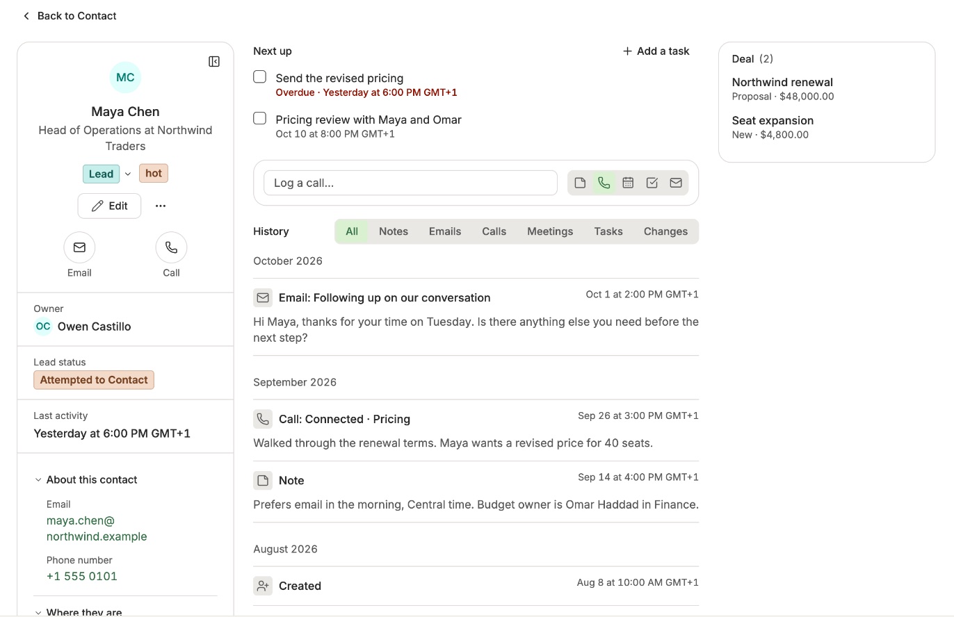 A contact page showing the person, their next tasks, deals and a history of emails, calls and notes